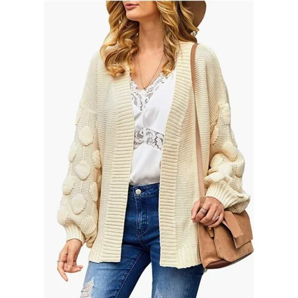 Off White Cable Knit Chunky Pom Pom Open Front Oversized Sweater Cardigan Coat - Picture 5 of 6